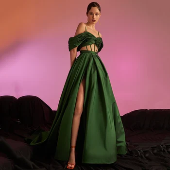 Clássico Verde Alta-De-Fenda, Vestidos De Baile 2023 Fora Do Ombro Noite De Cetim Vestido De Gala Ocasião Formal Vestido De Festa Feito