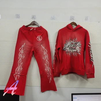 Foto Real Hellstar Vermelha Chama Hoodies High Street E Casual Vintage Mulheres Camisolas Pullover Dos Homens Com Carapuço
